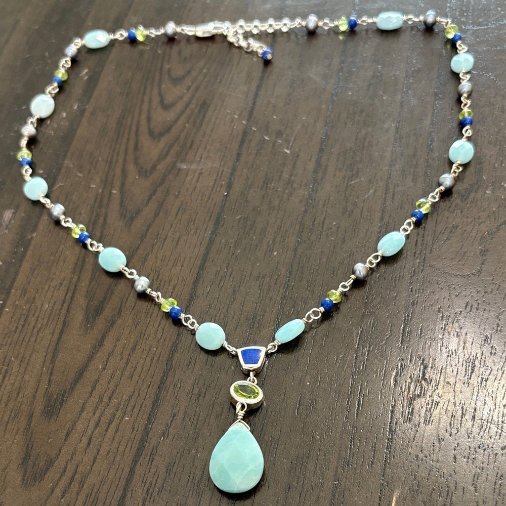Aqua Teardrop Bead Necklace with Blue and Lime Accents - 925 Sterling Silver